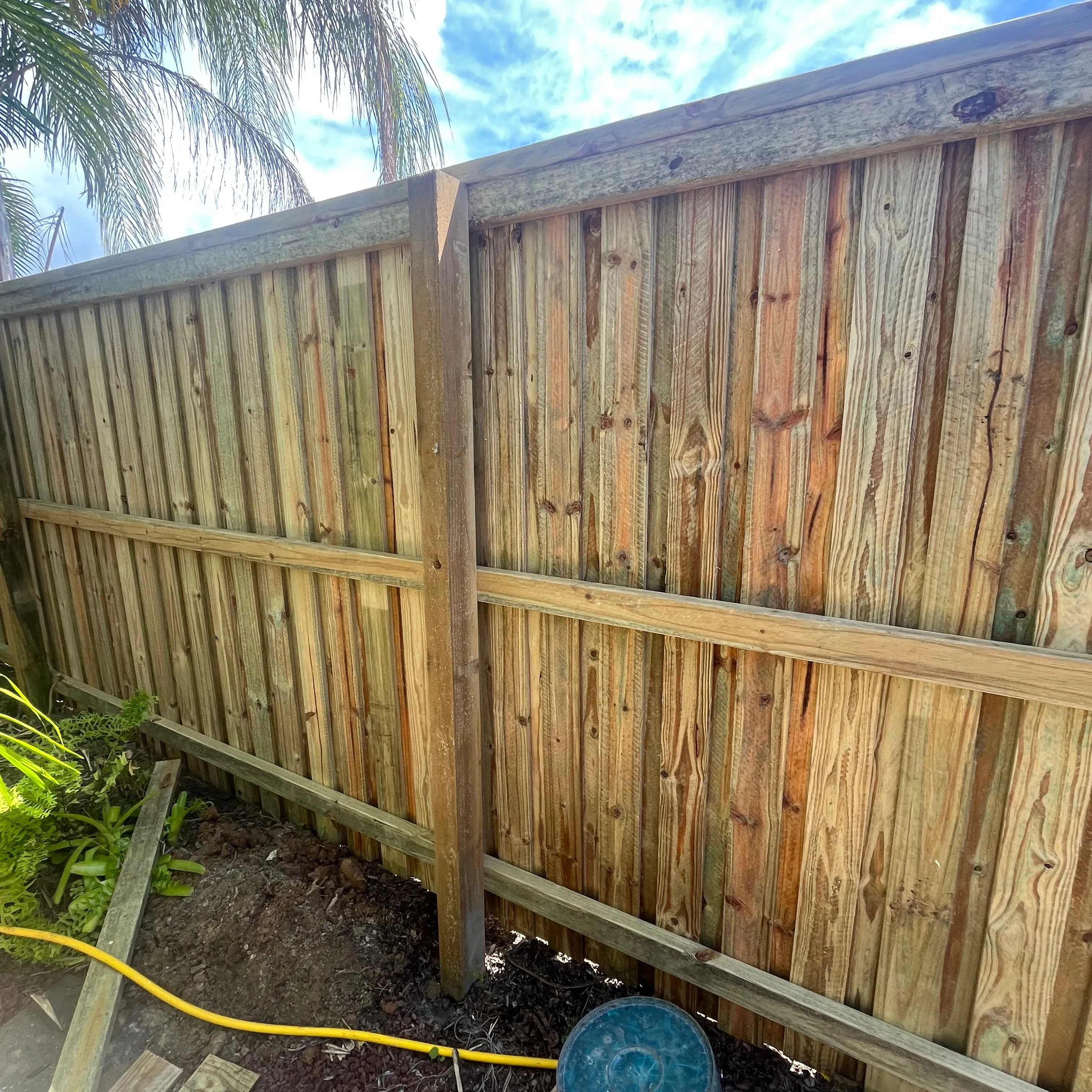 Timber paling boundary fence with exposed posts and rails